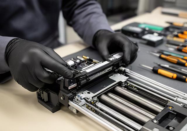 Close view of a technician aligning an ATM card reader assembly on a service bench