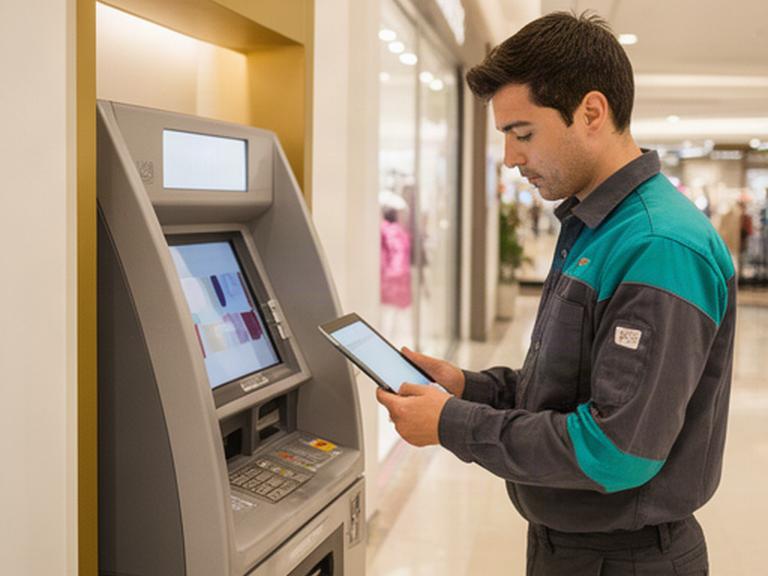 Technician inspecting an ATM with a tablet in a Singapore retail lobby