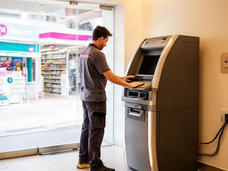 Technician positioning a modern ATM inside a bright Singapore convenience store entrance