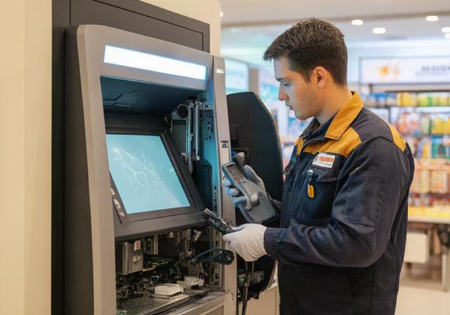 Technician inspecting an ATM error screen beside an open machine in a Singapore retail site