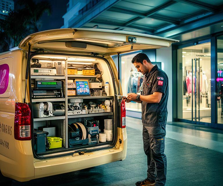 ATM service technician inspecting a stocked vehicle beside a Singapore retail site at night