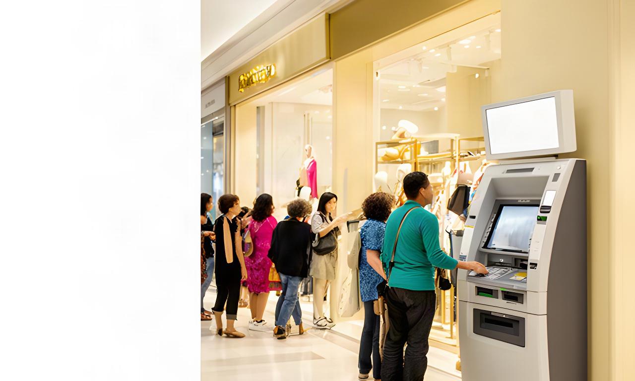 Busy Singapore shopping centre with shoppers using a clean customer-facing ATM beside retail stores